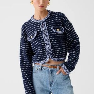 J. Crew Cropped Marled Yarn Navy Blue Merino Wool Alpaca Lady Jacket Blazer